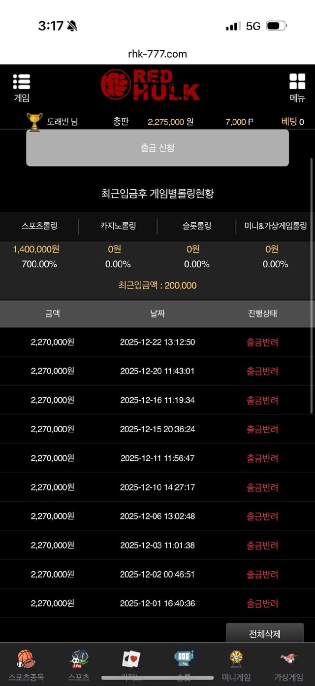 레드헐크 먹튀 사이트 주의 rhk-777.com에서 227만원 피해 사례